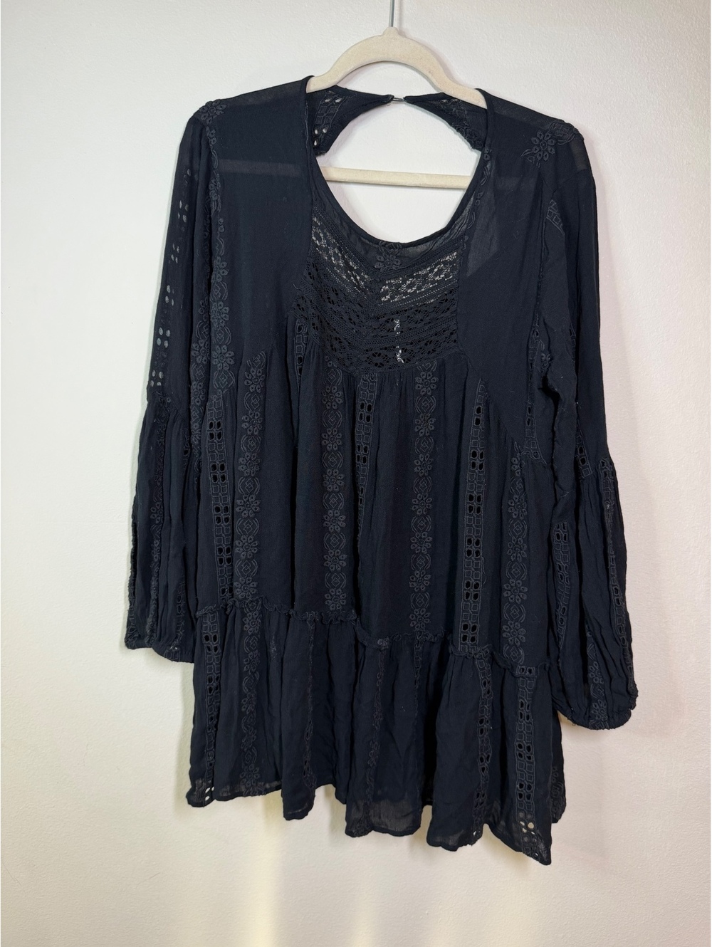 Free People Black Crochet Lace Long Sleeve mini Dress